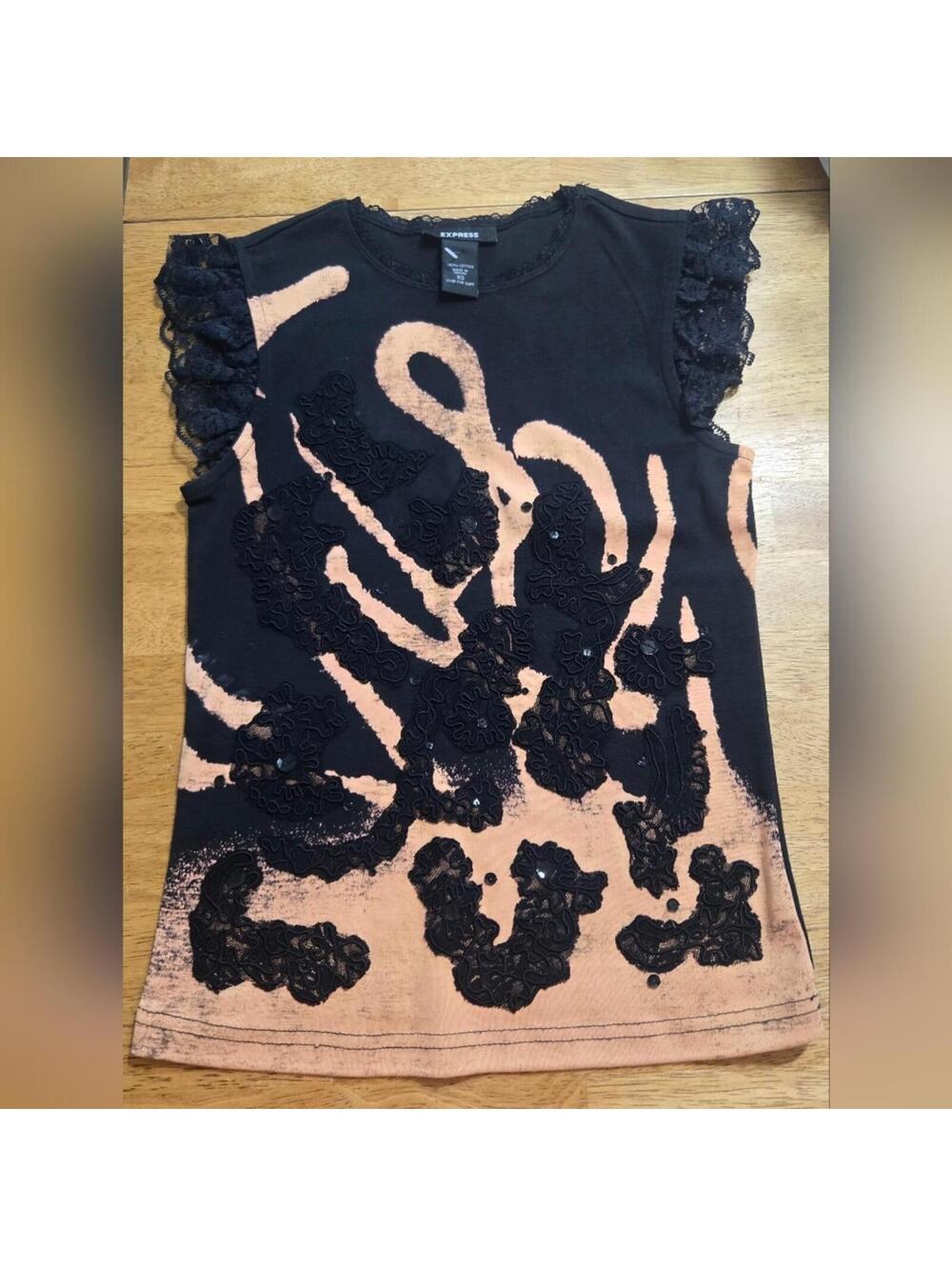 Express Women's Black and Peach Lace Sleeve Cotton Top XS